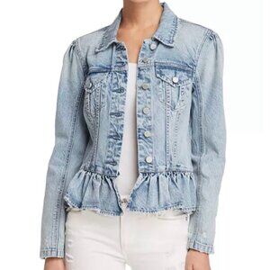 NWOT Chelsea & Violet Peplum Hem Puff Sleeve Distressed Denim Jean Jacket | XS